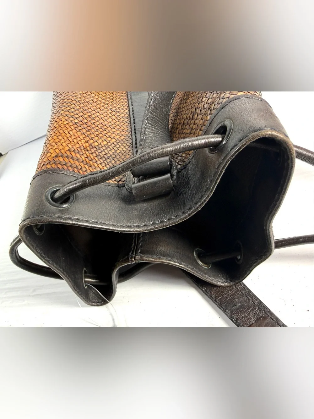 Source Unknown Brown and Black Woven Rattan / Leather Drawstring Crossbody Bag